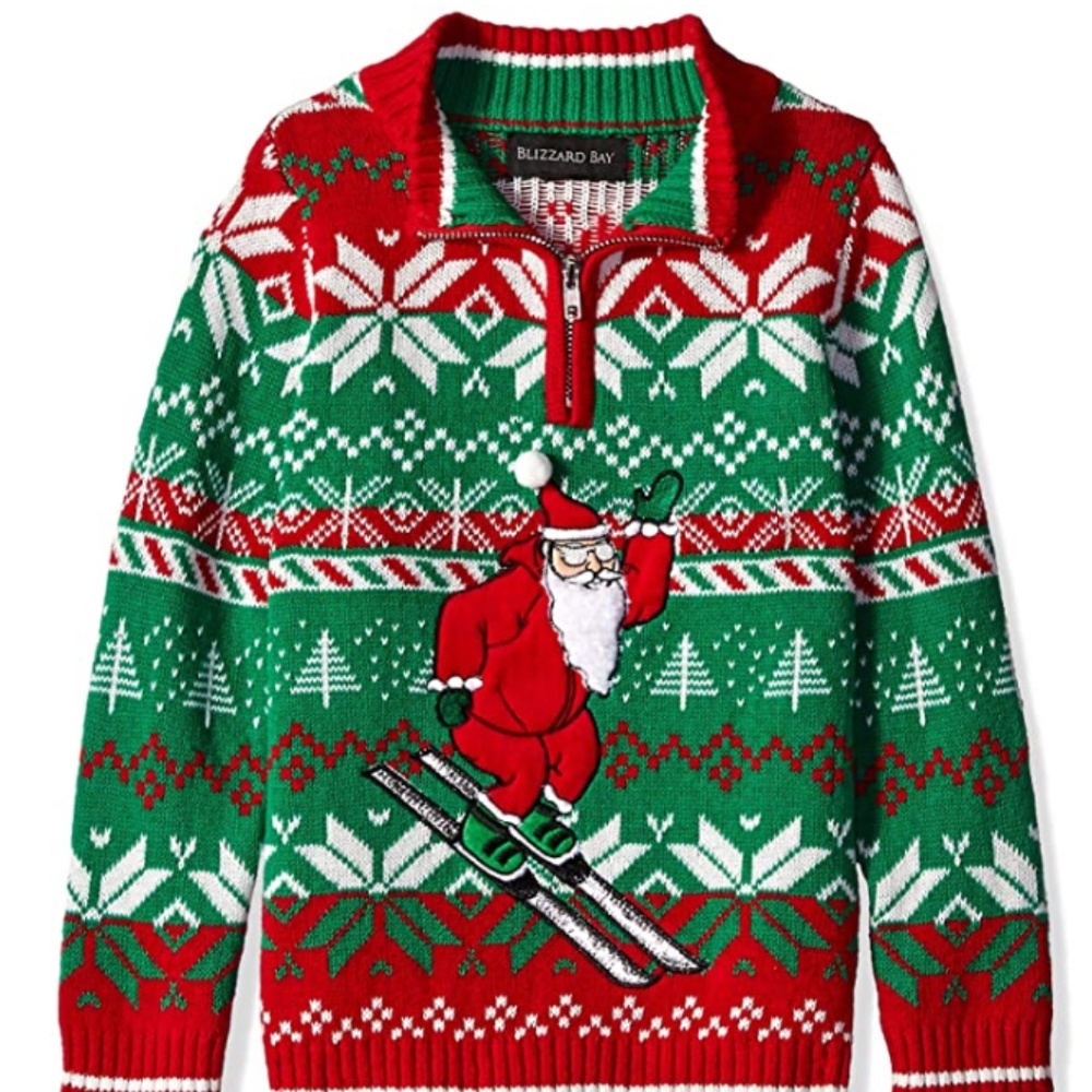 Blizzard Bay zip skiing Santa sweater